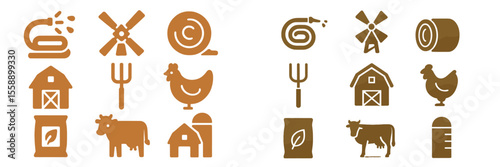Collection of agricultural icons featuring farm animals, tools, and structures for rural themes and designs