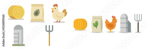 Illustrative farm elements showcasing chickens, hay bales, and agricultural tools in a minimalistic style