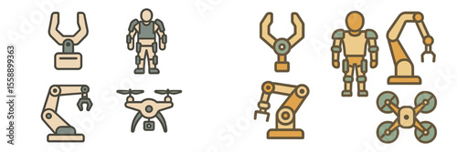 Robotic designs showcase various humanoid and industrial machines with articulated limbs and drone capabilities in a modern style
