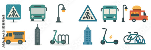 Urban transportation icons showcasing diverse mobility options in a cityscape