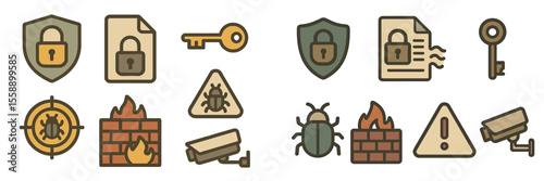 Security icons and symbols representing digital safety, protection, and vulnerabilities in modern technology