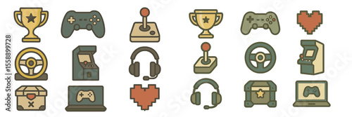 Icons representing various gaming elements including controllers, trophies, and arcade machines in a playful design