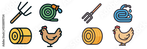 Colorful farm tools and animals displayed in an organized layout for educational purposes