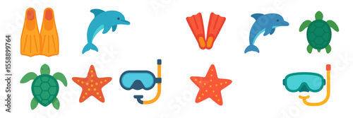 Fun underwater activities with dolphins, turtles, and snorkeling gear in vibrant colors for a summer adventure