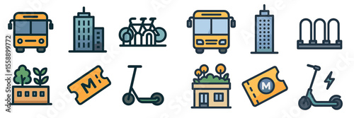 Public transportation icons showcase urban mobility options for commuters and leisure travelers in a modern city setting