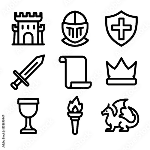 Medieval Icon Set – Castle, Sword, Dragon, Crown, and More | Minimal Line Vector Pack

