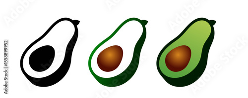 Vector avocado icon set in natural gradient and black colors, silhouette and outline designs