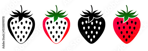 Vector strawberry icon set in natural gradient and black colors, whole and cut half designs
