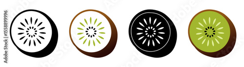 Half cut kiwi fruit icon in natural gradient and black colors, silhouette and outline designs