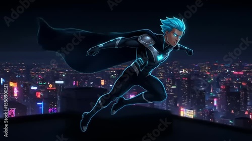 Futuristic superhero soaring over a vibrant city skyline at night, showcasing urban lights and energy