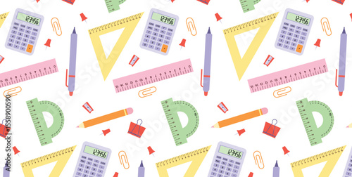 Seamless Pattern of School Supplies. Calculator, Pen, Pencil, Sharpener, Ruler, Triangle, Protractor, Push Pin, Clip. Flat Vector Illustration for Background and Print Design