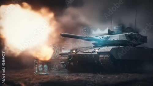 Futuristic tank equipped with advanced technology displays in a dramatic, smoky battlefield setting