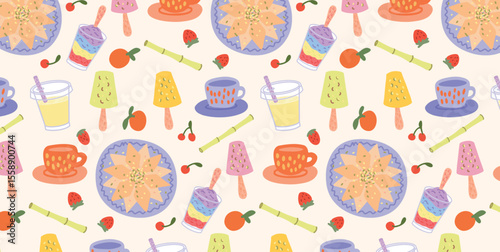 Colorful seamless pattern with Indian sweets and drinks. Kaju Katli, Kulfi, Ice Gola, Sugarcane Juice with berries, cups, citrus, sugarcane. Hand drawn vector illustration for wrapping or background