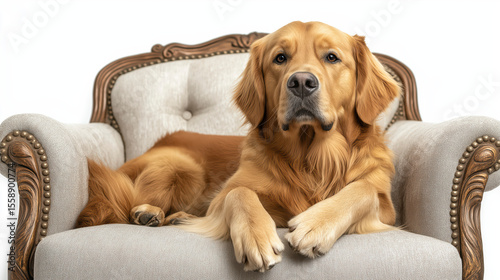 Regal Golden Retriever Lounging Comfortably on a Plush Cafe Chair Indoors