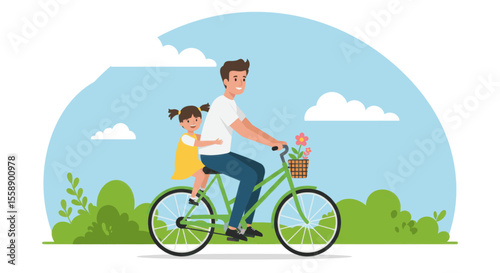 Father and daughter ride a green bicycle under blue sky