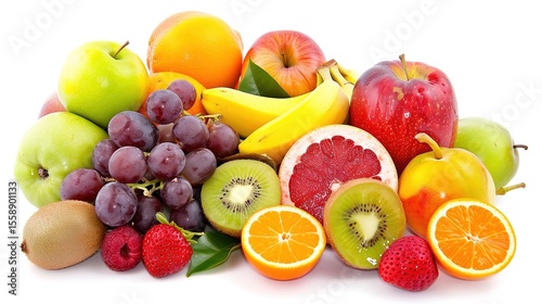 Juicy Bounty: Vibrant Pile of Fresh Fruit Images on Immaculate White Backgrounds &ndash; Colorful Citrus Towers, Glistening Berry Mounds, Tropical Fruit Stacks, and Juicy Harvest Arrangements in High-Defini