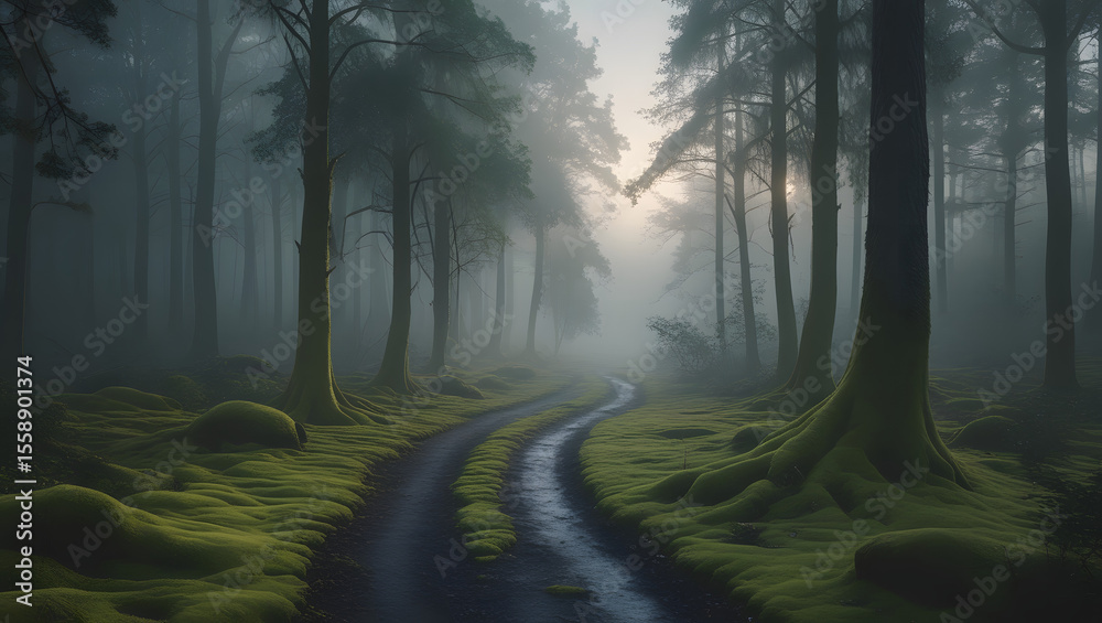 Obraz premium Misty forest path winds through moss-covered trees at dawn.