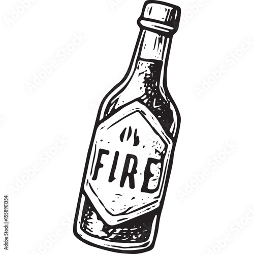 Black-and-white sketch of a Mexican hot sauce bottle with a chili pepper, symbolizing spicy cuisine culture