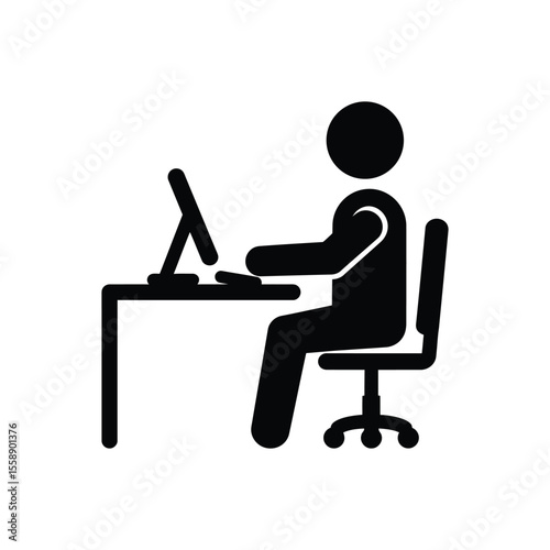 Stick figure at desk using computer icon vector illustration office worker symbol design
