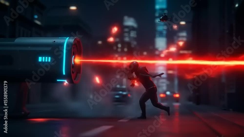 Futuristic urban scene depicting a character dodging a laser beam from a sci-fi weapon in action