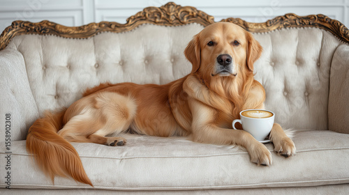 Regal Golden Retriever Relaxing on a Plush Sofa with a Cup of Coffee