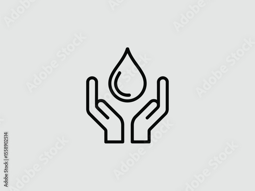 Black Outline Hands Holding Water Drop on Gray Background