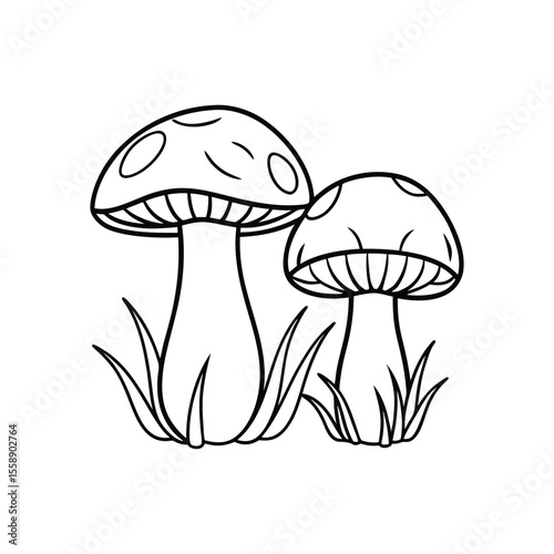 Simple outline drawing of two mushrooms growing in grass.