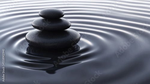Three black stones balanced on top of each other in a calm body of water.