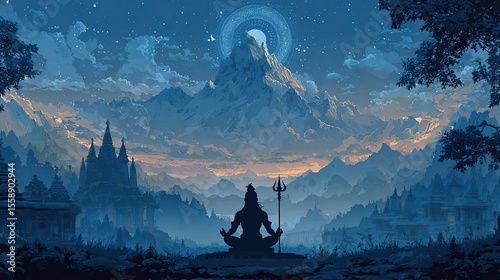 Flat vector illustration of Lord Shiva meditating on Mount Kailash under moonlight with glowing trident and starry sky, symbolizing spiritual peace and divine power for Maha Shivratri