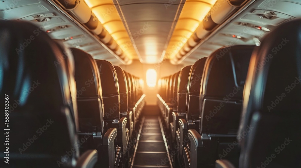 Fototapeta premium Empty airplane cabin with sun shining through the windows.