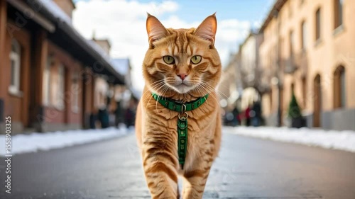 Cat Sitting in the Middle of Urban Street for City Life, Stray Pet and Urban Wildlife Scene