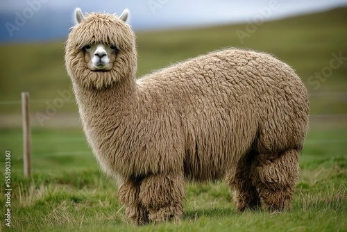 Alpaca with a fluffy coat standing in a grassy field