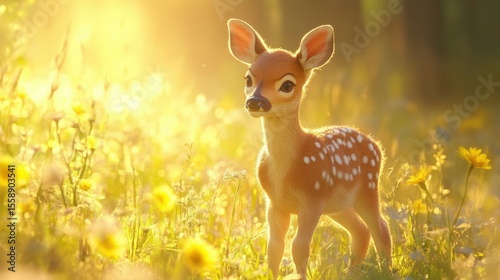 Baby deer standing in a sunlit meadow, its spots clearly visible