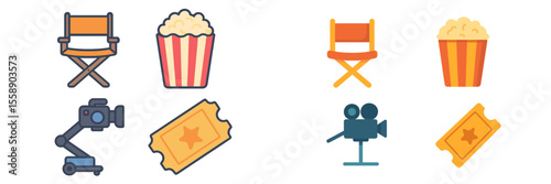 Movie night essentials featuring popcorn, film tickets, and cameras for an enjoyable cinema experience