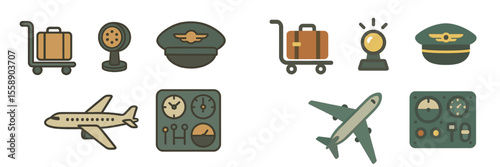 Various aviation icons representing luggage, pilots, and aircraft in a simple design for travel themes