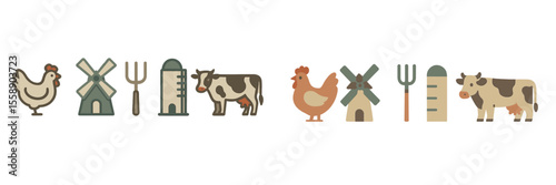Farm animals and tools illustration showcasing rural life with a windmill and barn in a natural setting