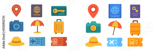 Travel essentials icons for planning your next adventure in a vibrant and organized digital layout
