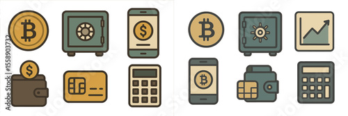 Digital cryptocurrency icons representing secure transactions and financial growth in a minimalist style