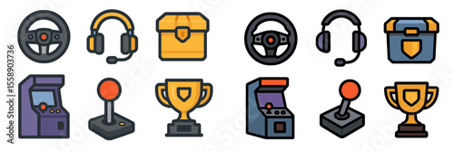 Colorful gaming icons representing various elements of video game culture, perfect for gamers and enthusiasts of all ages