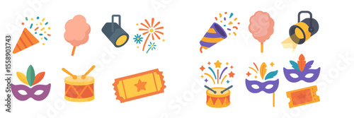 Colorful carnival decorations and party elements create a festive atmosphere for celebrations