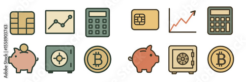 Financial icons representing savings, investment, and cryptocurrency in a modern digital design