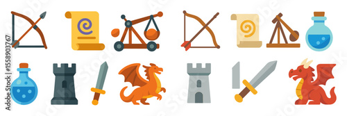 Fantasy themed icons featuring medieval weapons, potions, and creatures designed for gaming or storytelling
