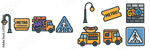 Metro station signs and vibrant street art displayed across the urban landscape featuring food trucks and pedestrian symbols