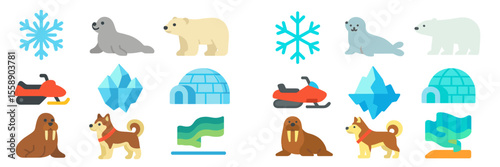 Colorful illustrations of Arctic animals, snowmobiles, and icy landscapes showcasing winter adventures and northern wildlife