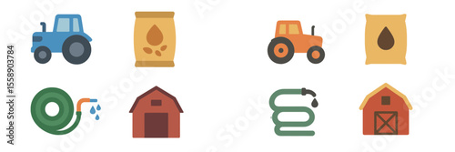 Farming tools and equipment icons representing agricultural activities and resources used in crop production