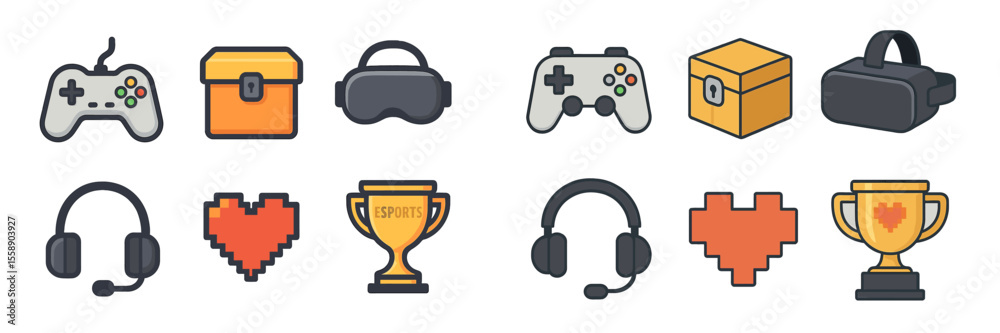 Creative collection of gaming icons showcasing controllers, virtual reality headsets, trophies, and more for esports enthusiasts Creative collection of gaming icons showcasing controllers, virtual reality headsets, trophies, and more for esports enthusiasts