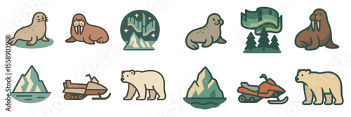 Artwork depicting Arctic animals and landscapes with icebergs and snowmobiles in a playful, colorful style