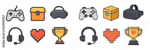 Creative collection of gaming icons showcasing controllers, virtual reality headsets, trophies, and more for esports enthusiasts