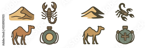 Illustrative icons of desert elements featuring sand, scorpions, camels, and water canisters in a simple design