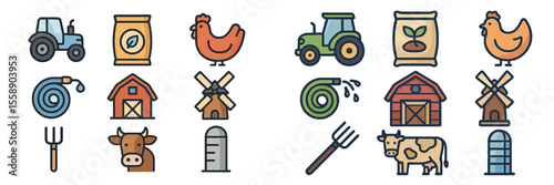 Farm icons representing various agricultural elements and tools found in a rural setting during daylight hours